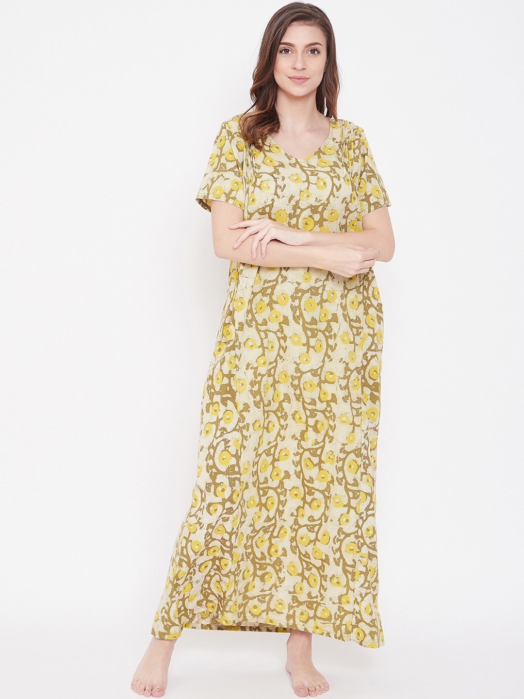 

The Kaftan Company Yellow Ajrakh Printed Nightdress