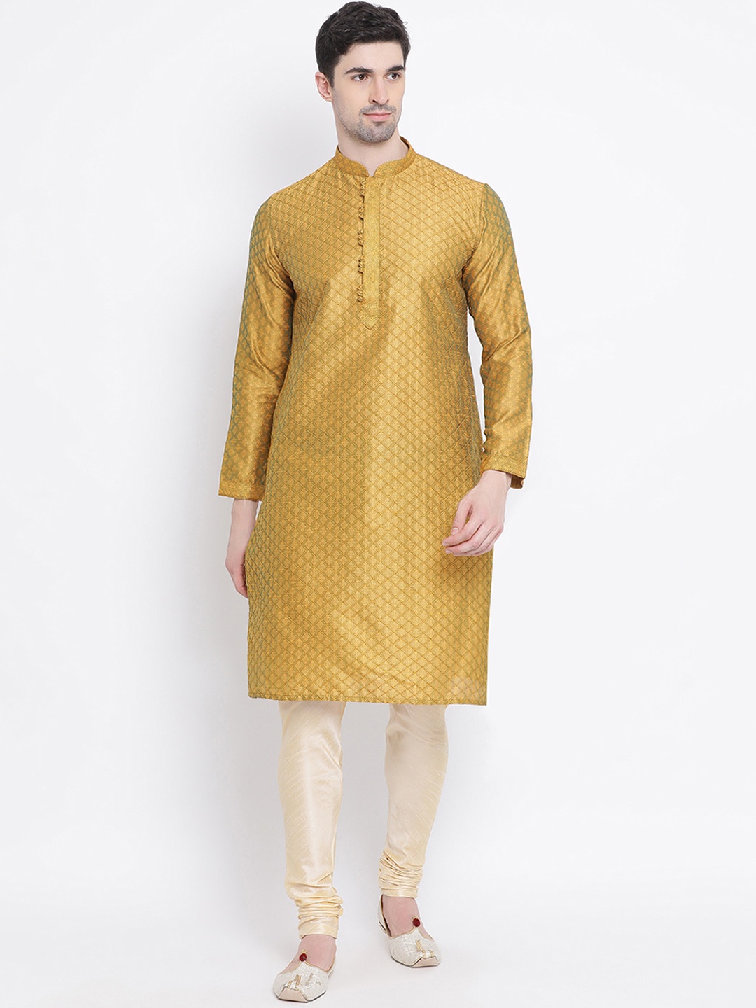 

Sanwara Men Gold-Toned Woven Design Straight Jacquard Kurta