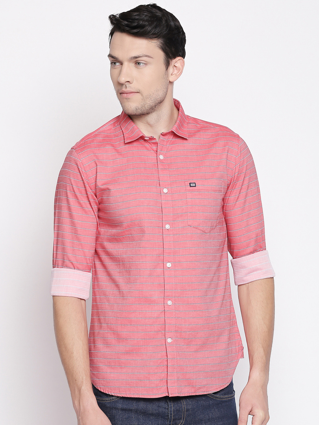 

BYFORD by Pantaloons Men Coral Pink Slim Fit Striped Casual Shirt