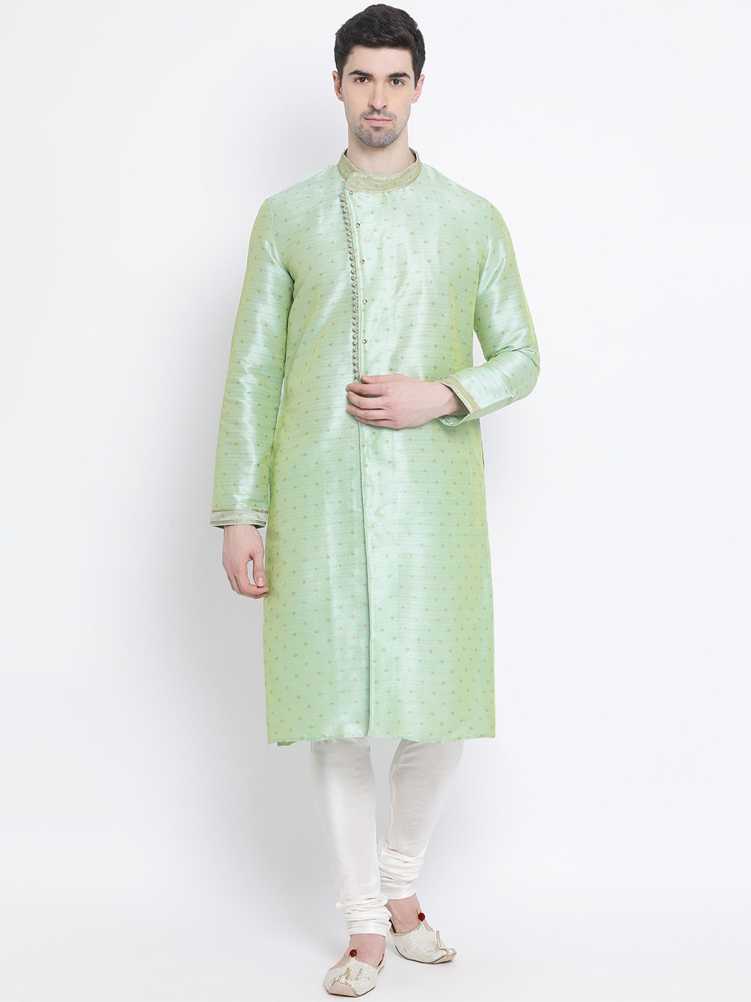 Sanwara Men Green Woven Design Jacquard Straight Kurta