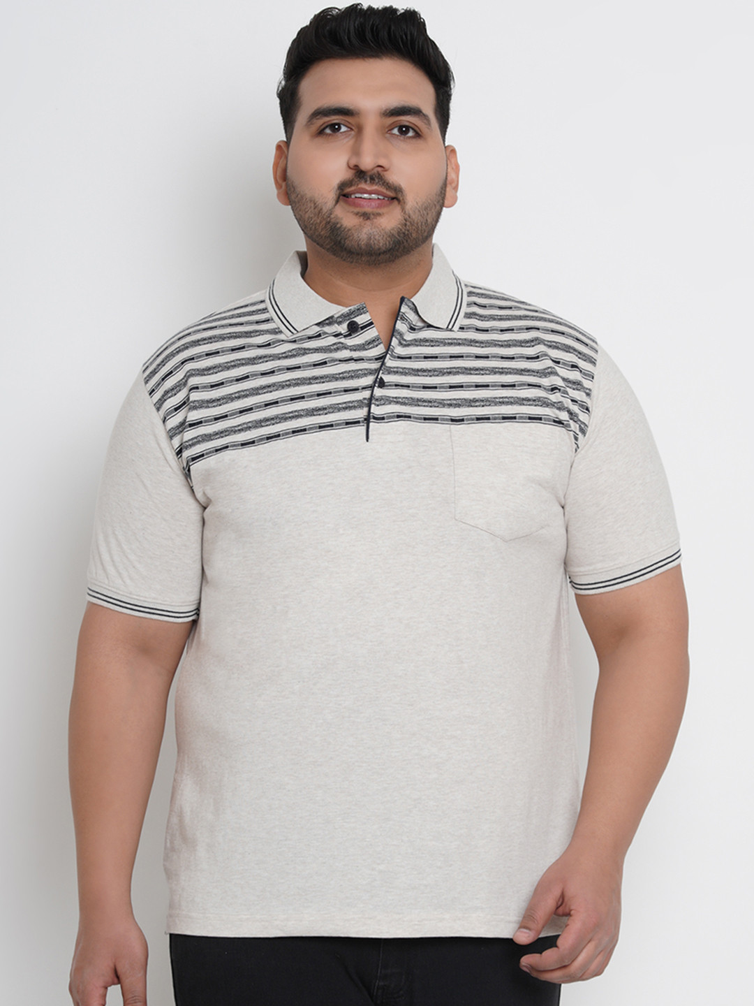 

John Pride Plus Size Men Off-White Striped Polo Collar T-shirt