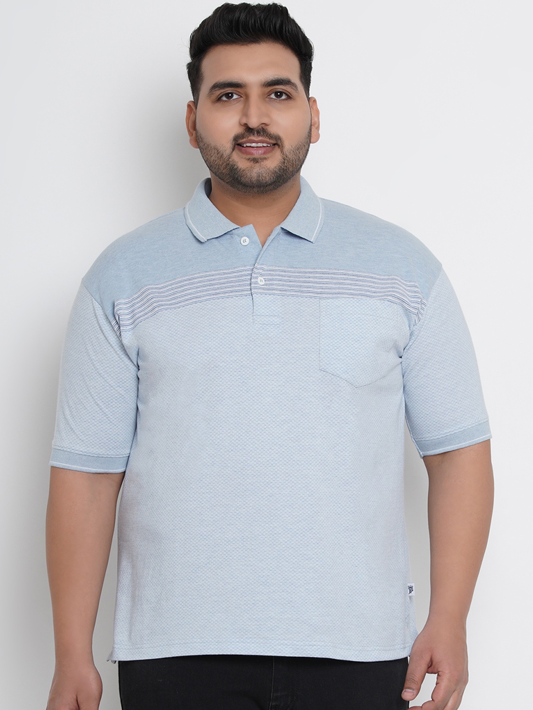 

John Pride Plus Size Men Blue Striped Polo Collar T-shirt