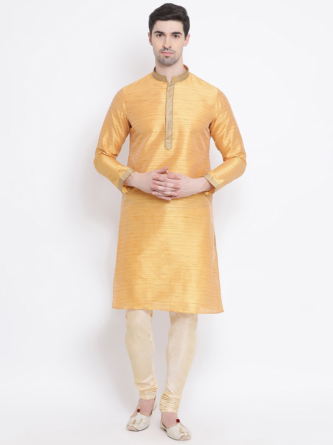 

Sanwara Men Orange Solid Straight Jacquard Kurta