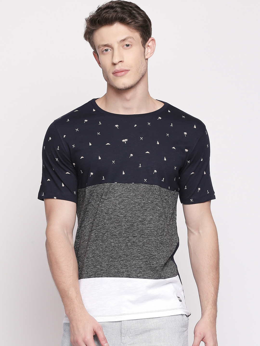 

Urban Ranger by pantaloons Men Navy Blue Grey Slim Fit Colourblocked Round Neck Pure Cotton T-shirt