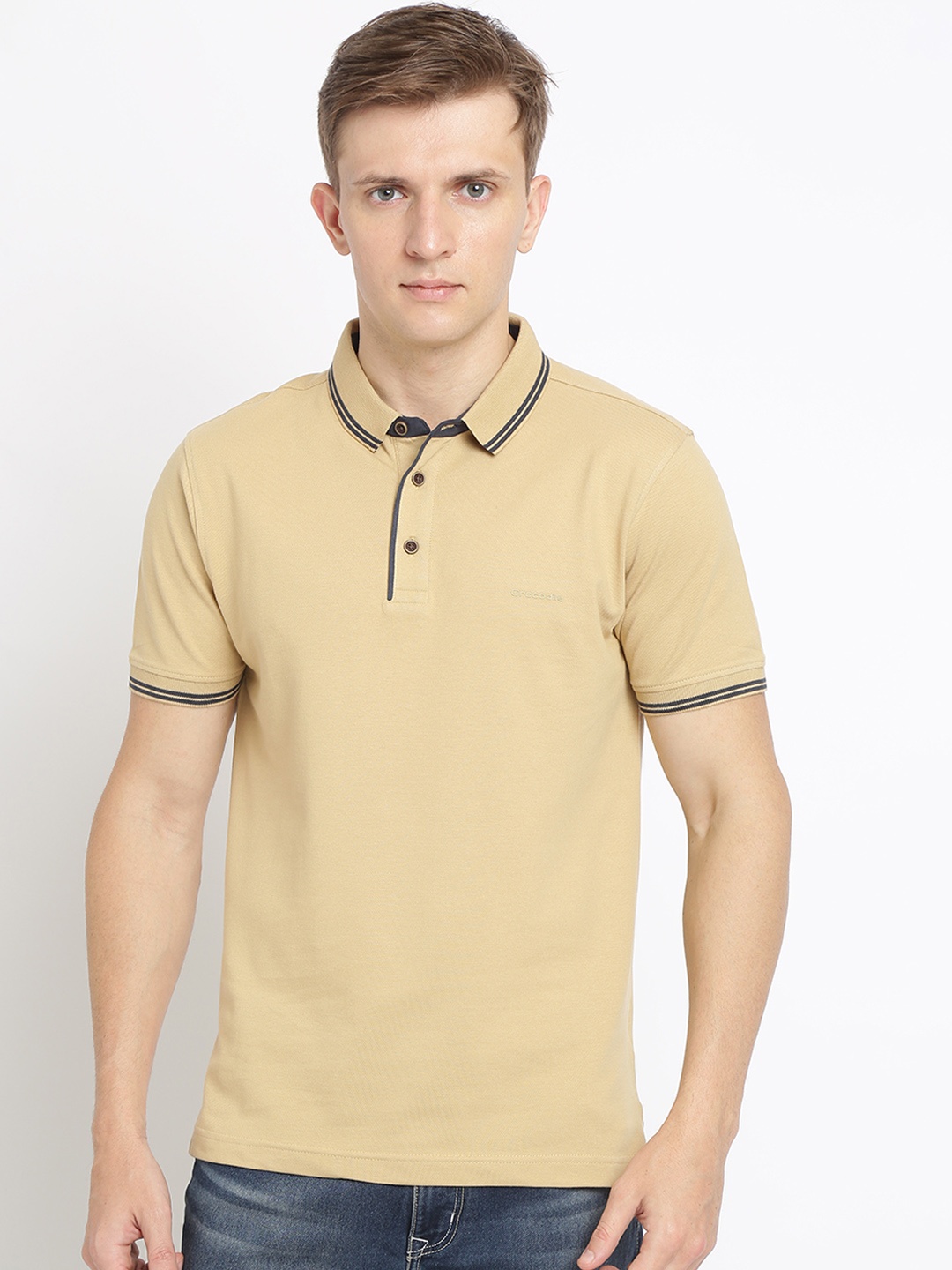 

Crocodile Men Beige Solid Slim Fit Polo Collar T-shirt