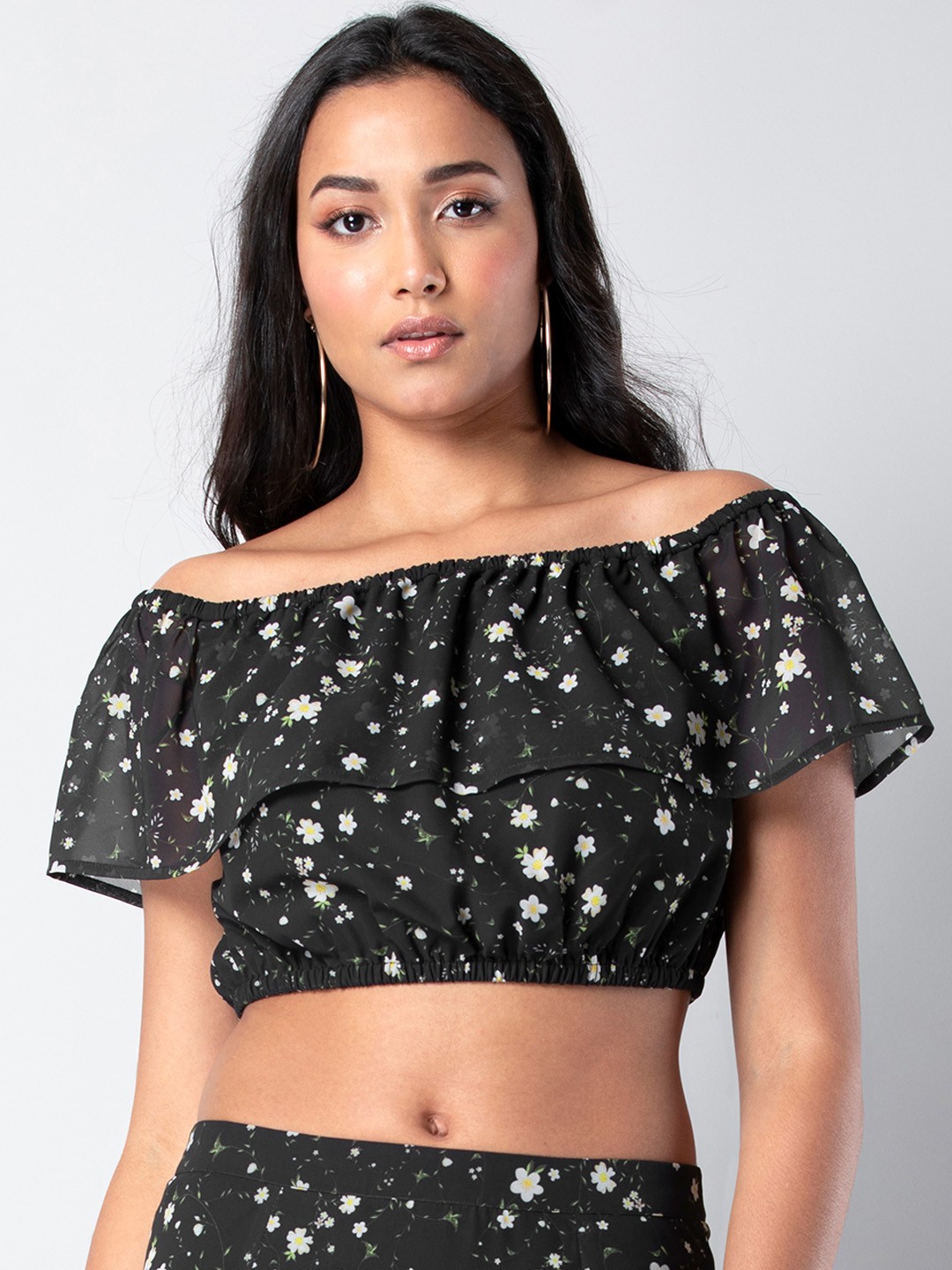 

FabAlley Women Black & White Printed Bardot Top