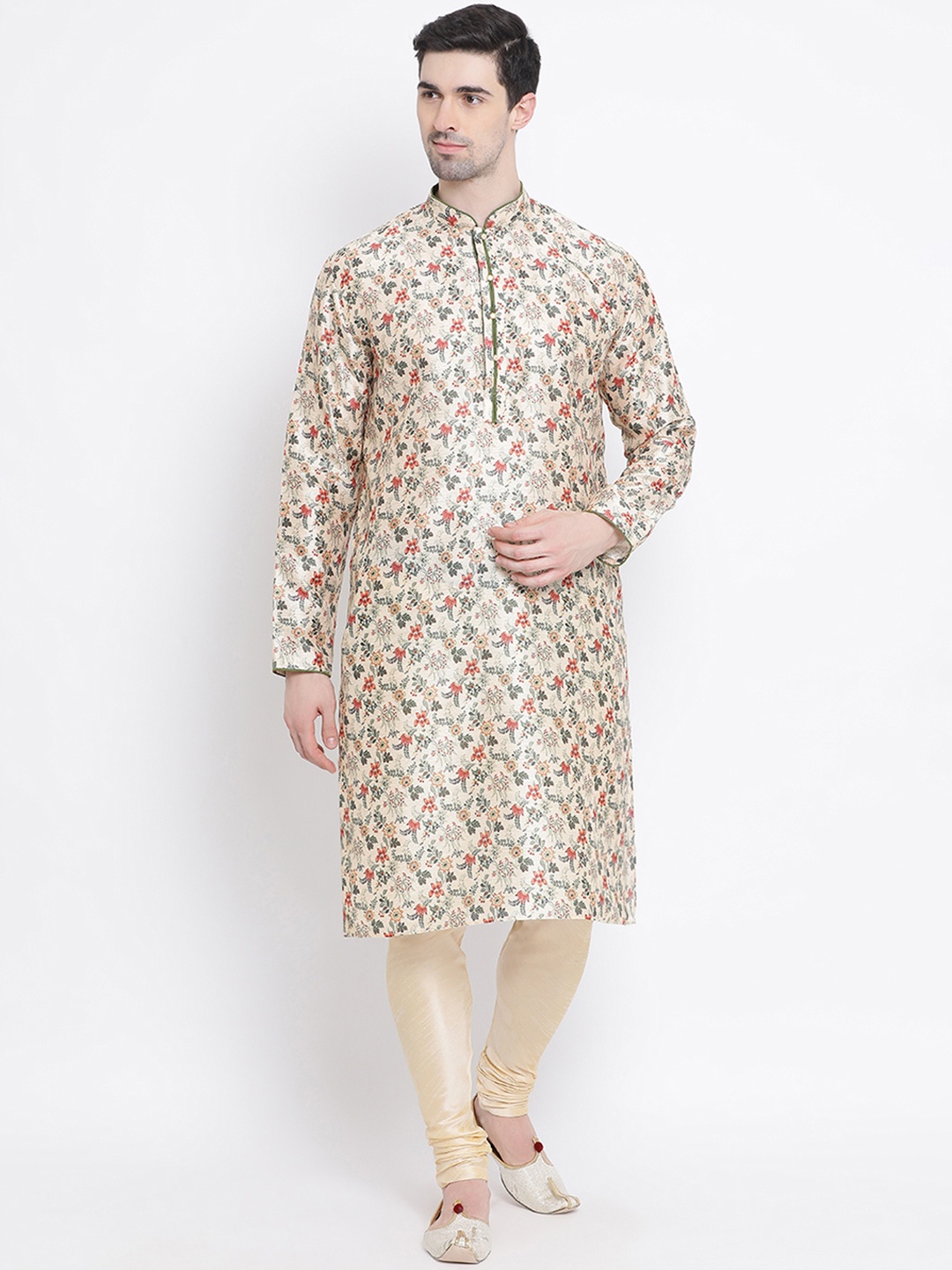 

Sanwara Men Beige & Green Floral Printed Straight Kurta