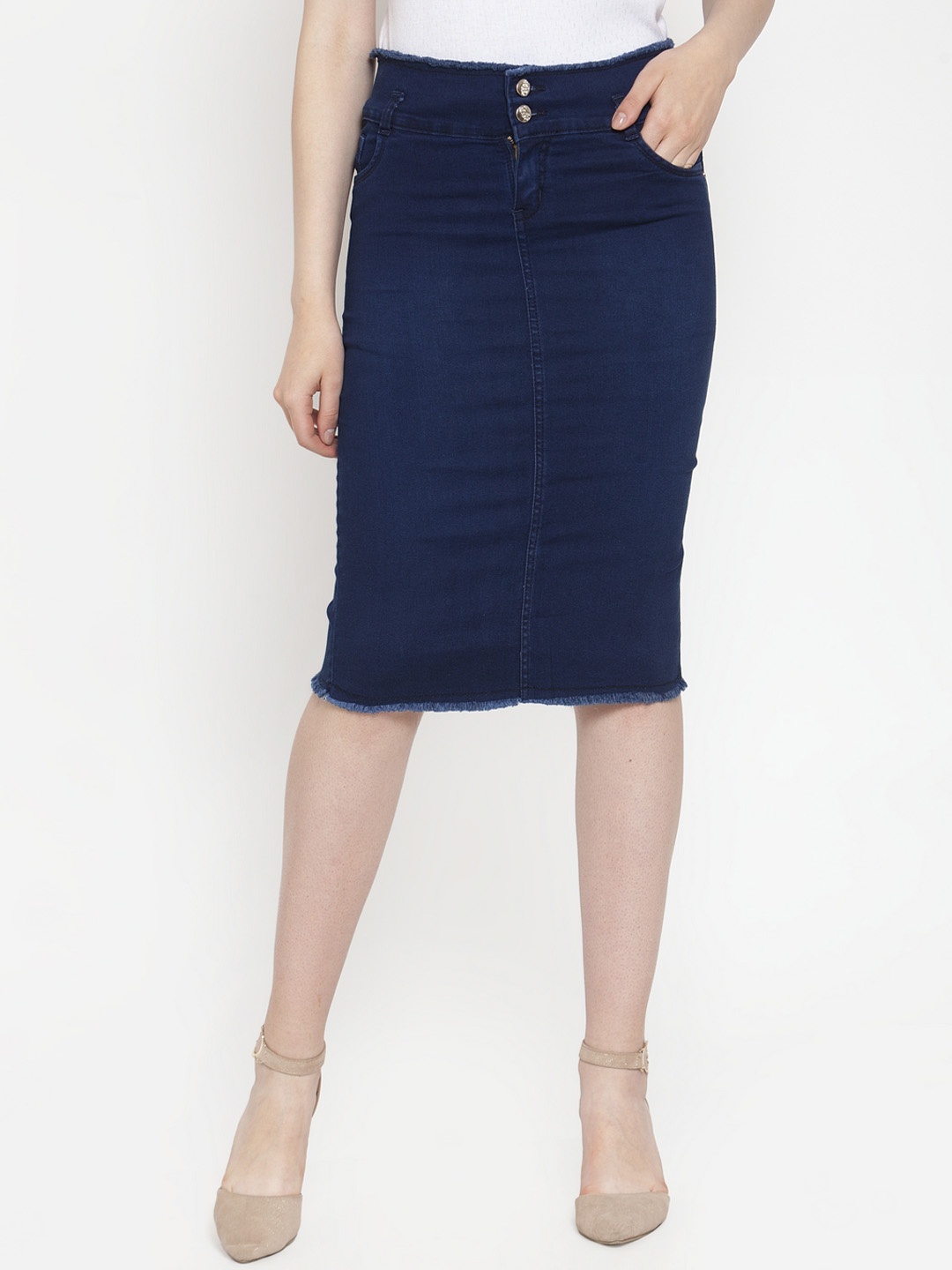 

Purple Feather Navy Blue Denim High Waist Stretchable Skirt