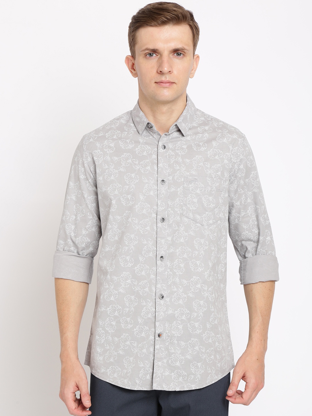 

Crocodile Men Grey & White Classic Slim Fit Cotton Linen Printed Casual Shirt