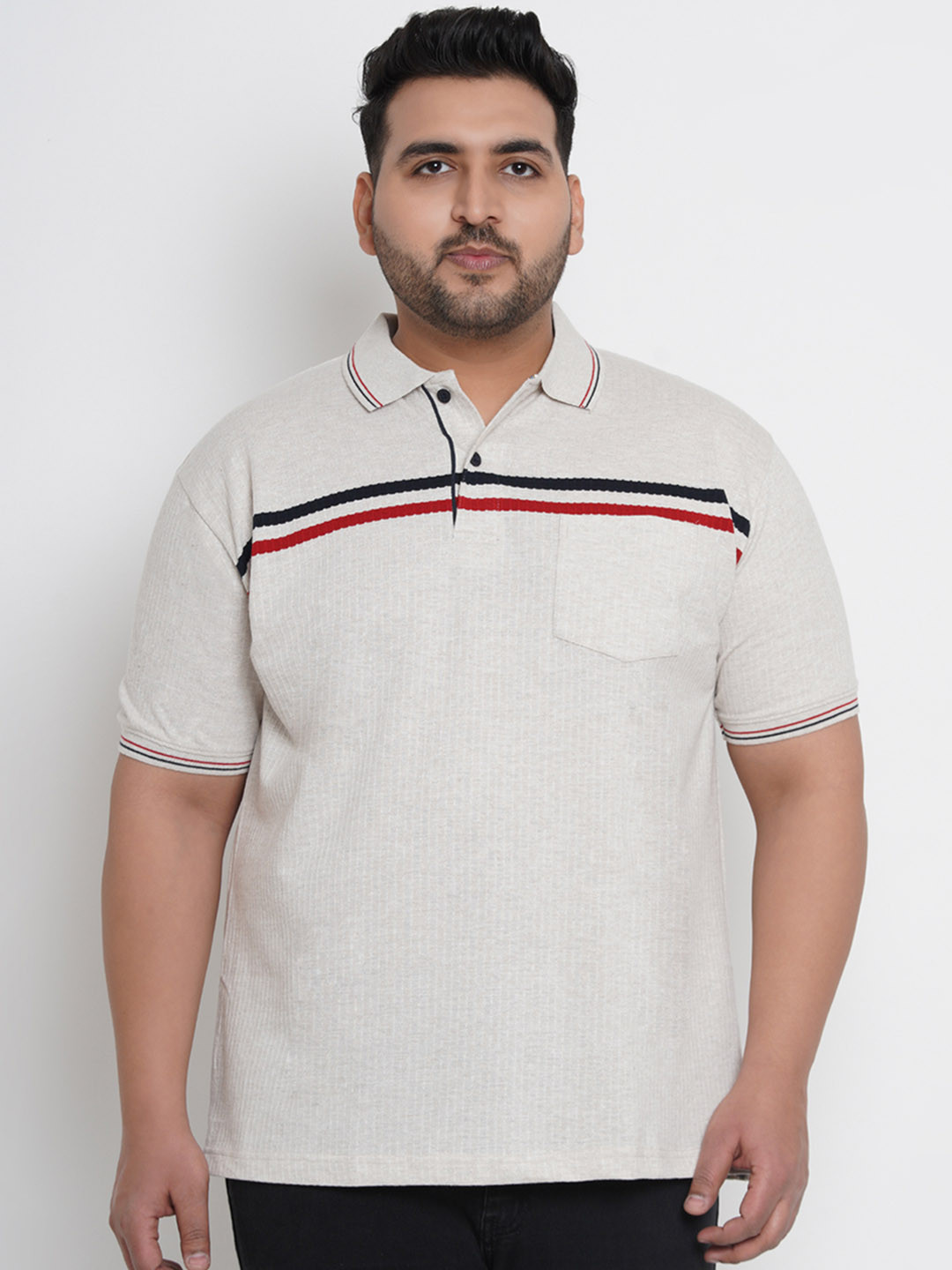 

John Pride Plus Size Men Off-White Striped Polo Collar T-shirt