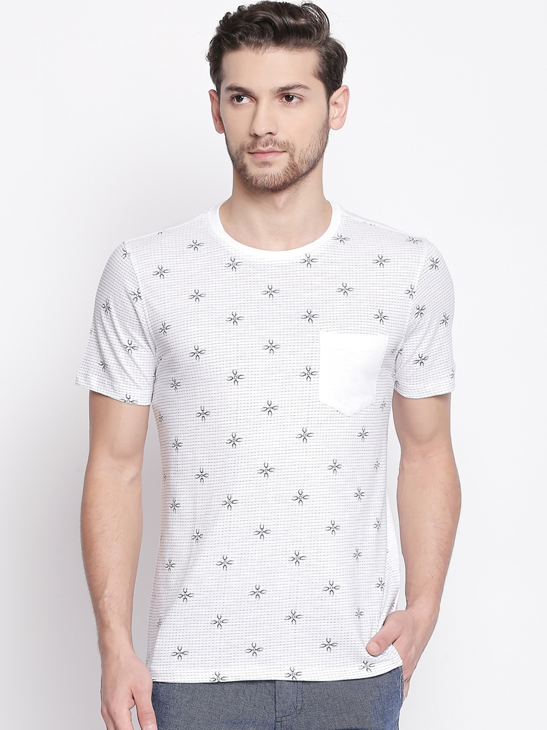 

Urban Ranger by pantaloons Men White Slim Fit Printed Round Neck Pure Cotton T-shirt