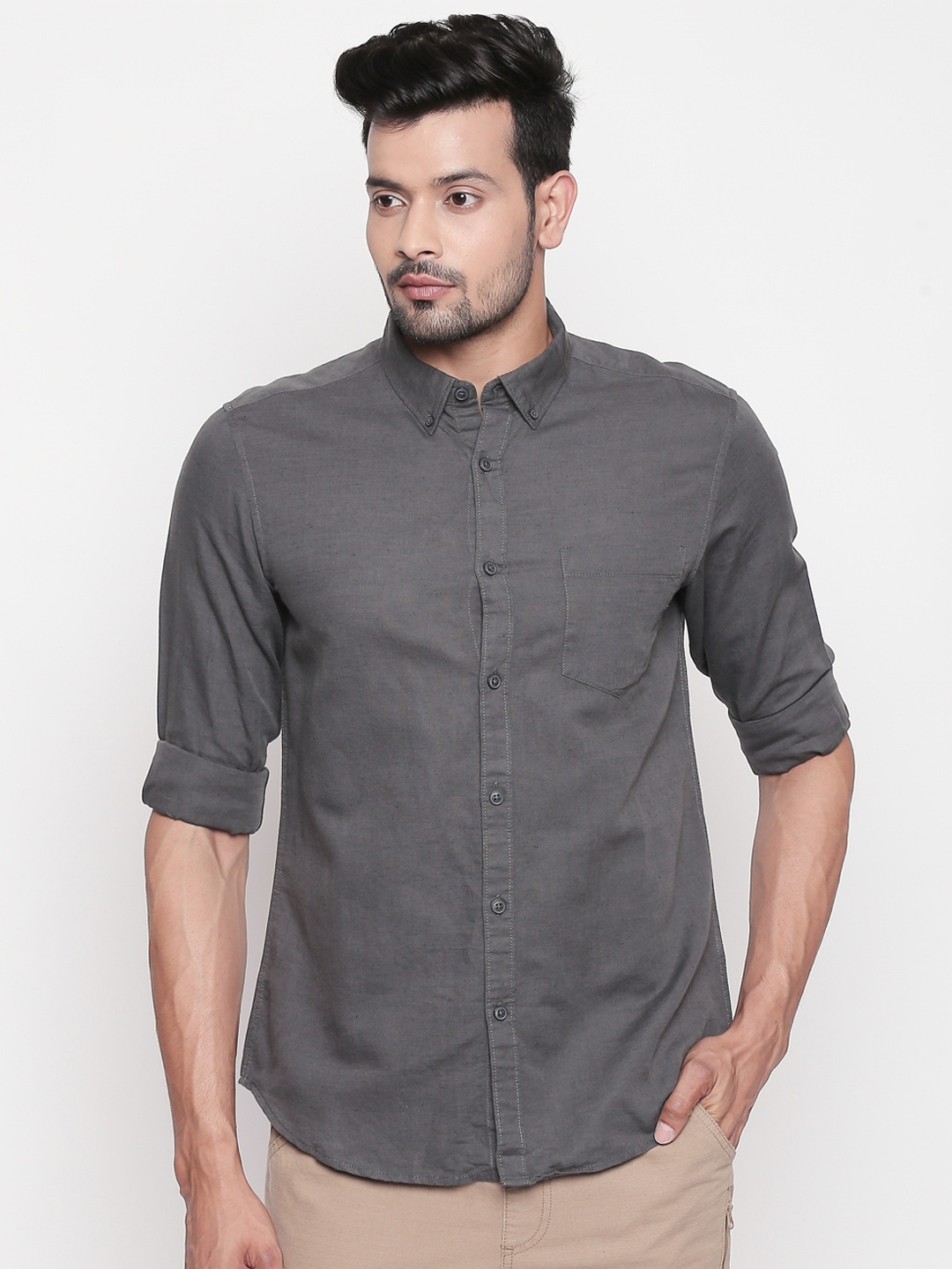 

BYFORD by Pantaloons Men Grey Regular Fit Solid Casual Shirt