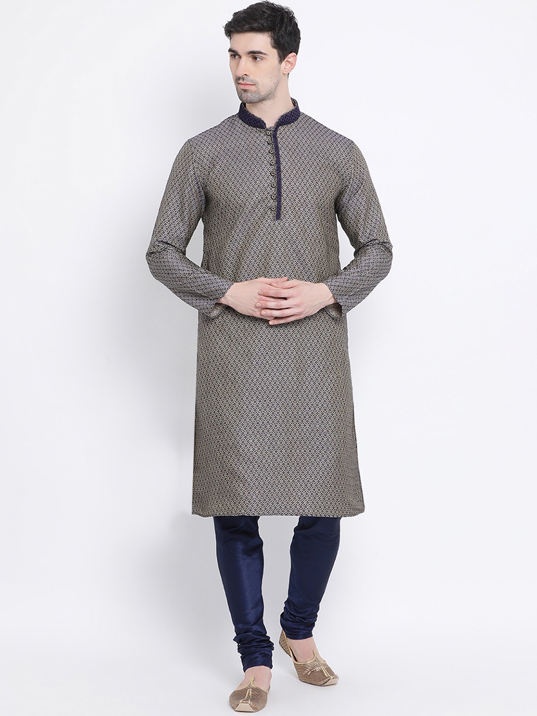 

Sanwara Men Navy Blue & Gold-Coloured Woven Design Straight Jacquard Kurta