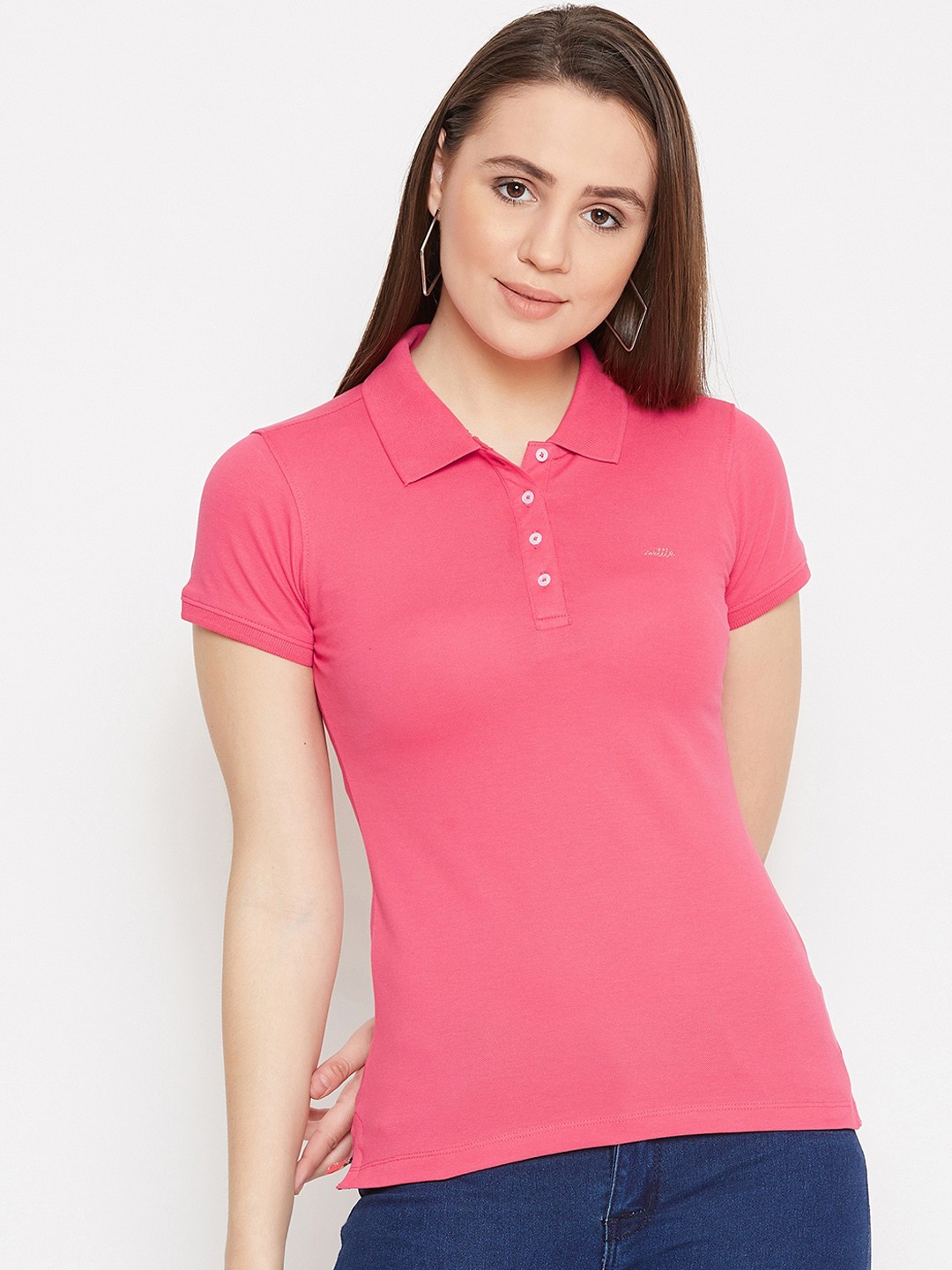 

METTLE Women Pink Solid Polo Collar T-shirt