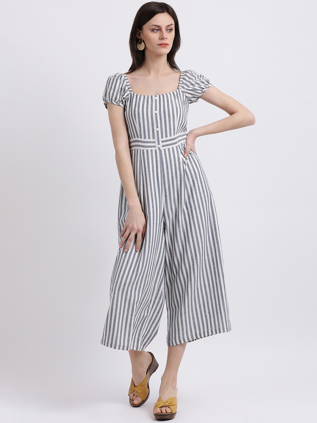 

Zink London Women White & Grey Striped Culotte Jumpsuit