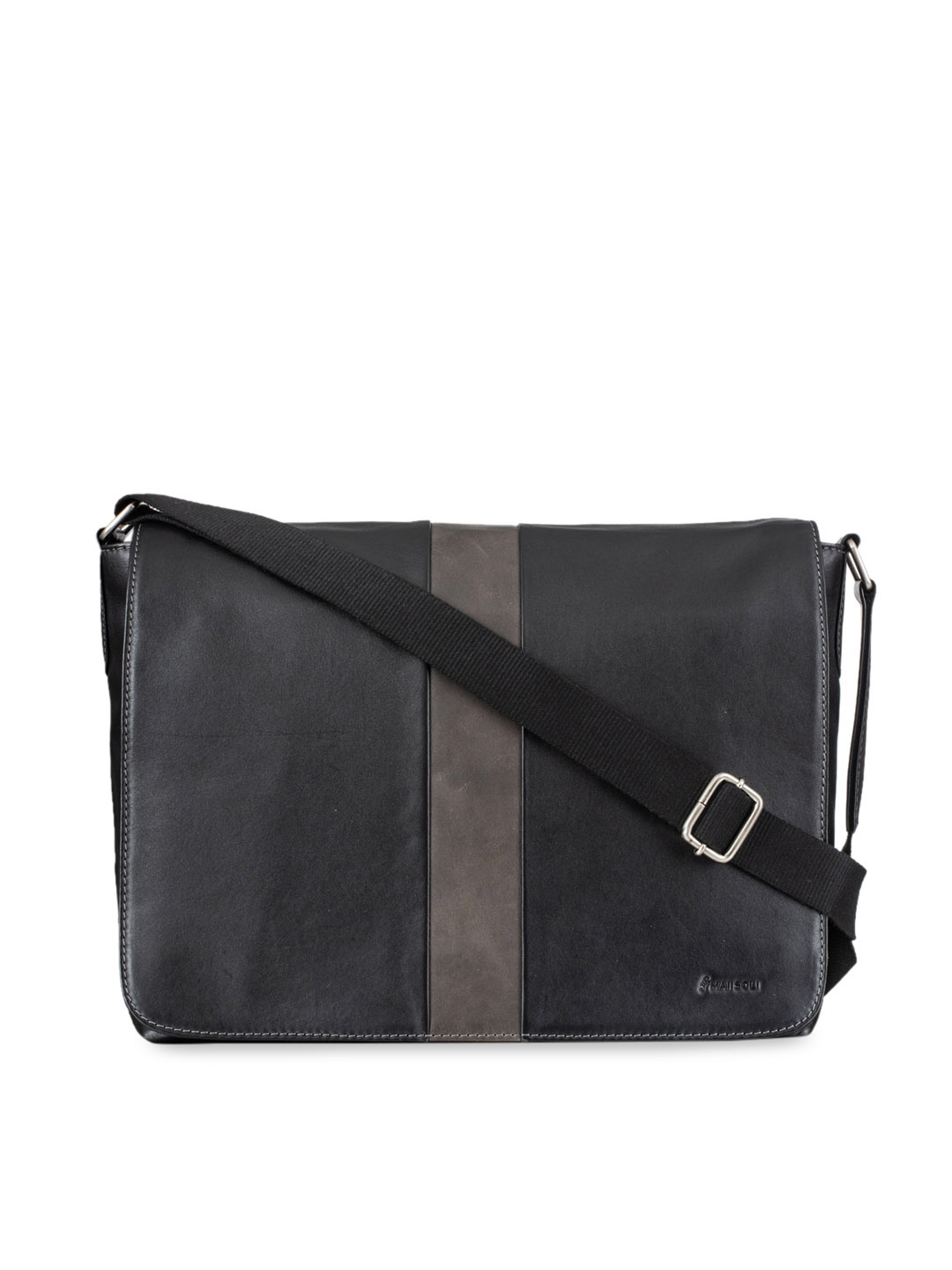 

MAI SOLI Men Black & Grey Solid Leather Laptop Bag