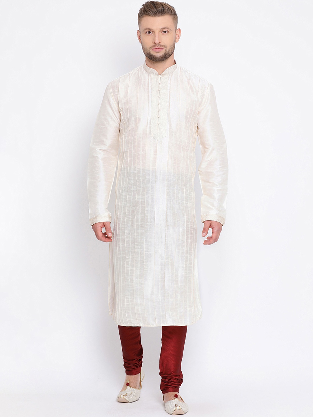 

Sanwara Men Cream-Coloured Striped Straight Kurta