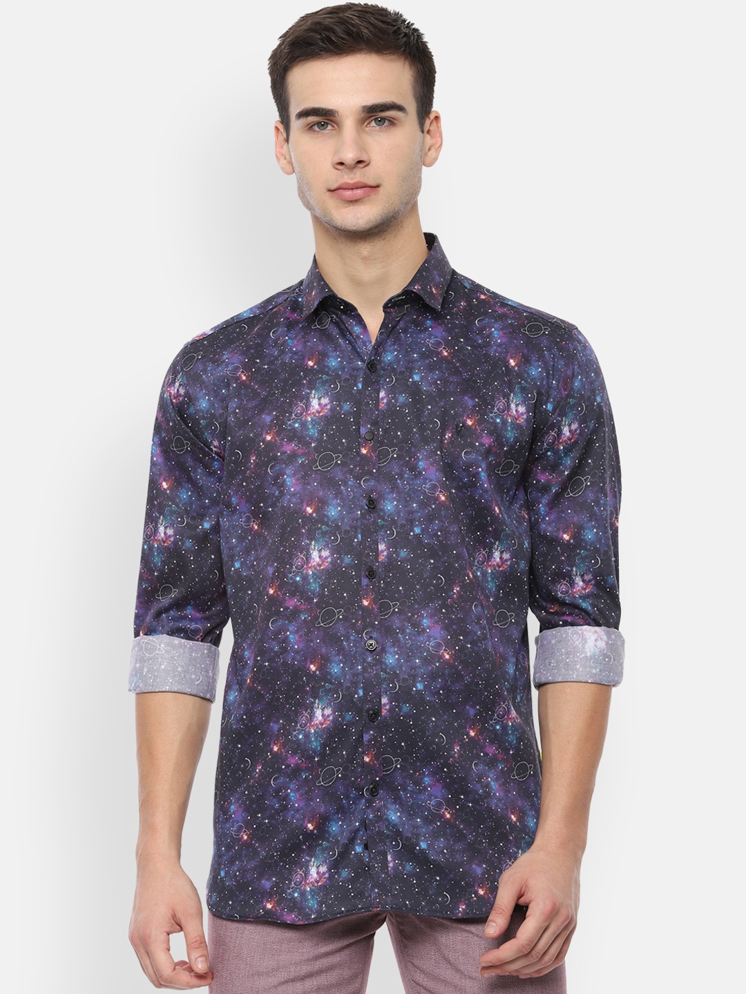 

V Dot Men Navy Blue & Pink Slim Fit Printed Casual Shirt