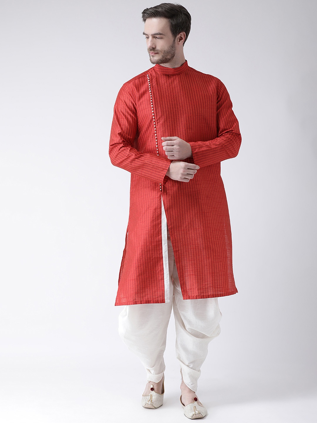 

DEYANN Men Red & Off-White Striped Kurta with Patiala