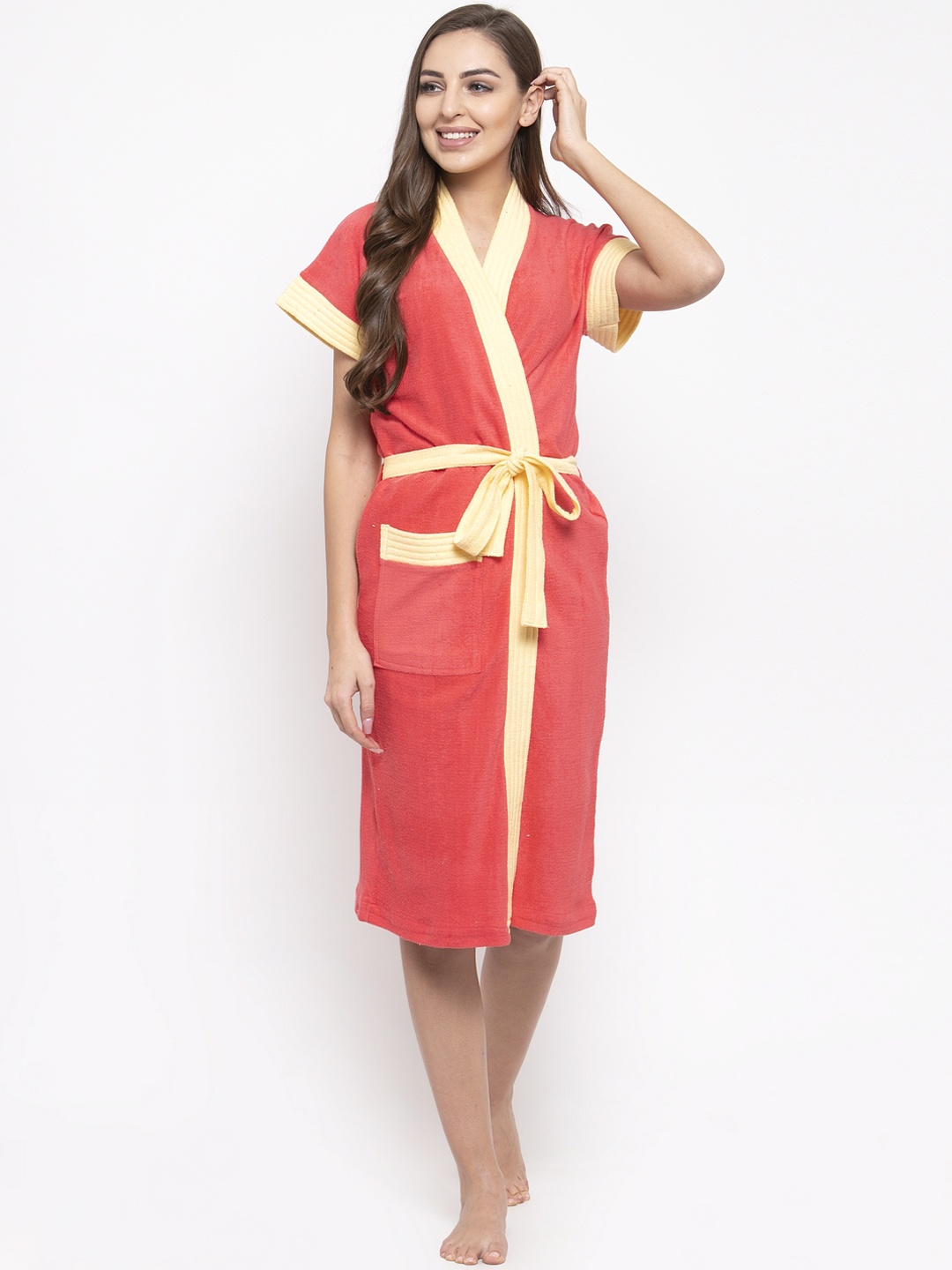 

Secret Wish Women Coral Pink & Yellow Colourblocked Bath Robe