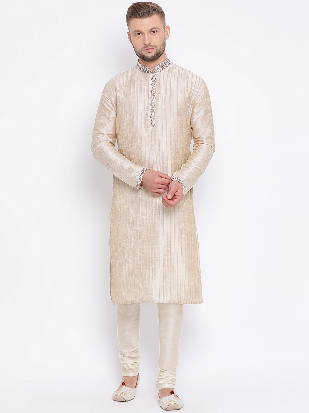 

Sanwara Men Golden Striped Straight Kurta, Gold