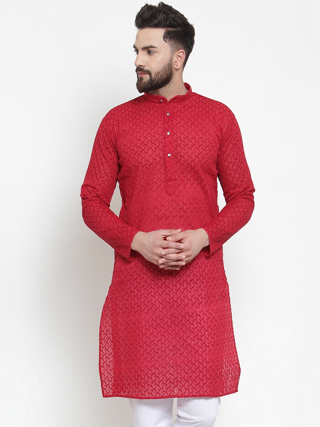 

Jompers Men Red Embroidered Straight Kurta