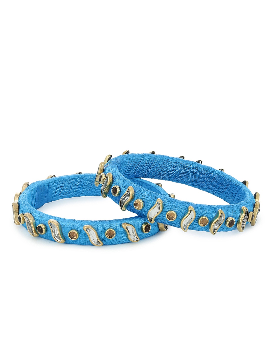 

AKSHARA Girls Set of 2 Blue & Gold-Toned Stone-Studded Handcrafted Silk Thread Bangles