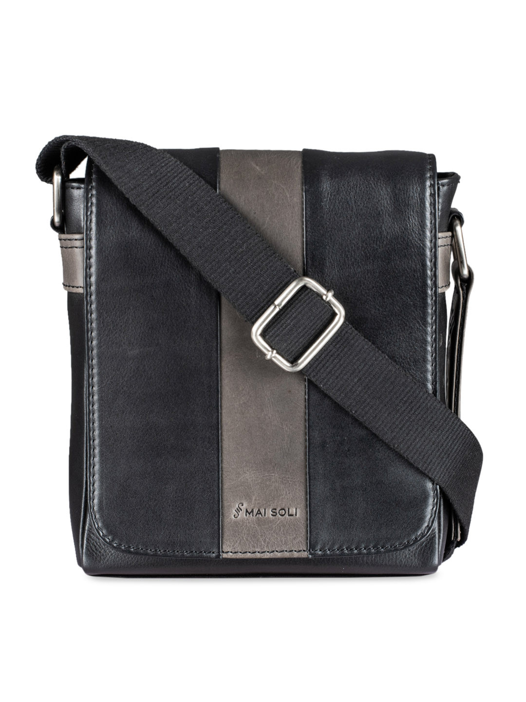 

MAI SOLI Men Black & Grey Colourblocked Leather Messenger Bag