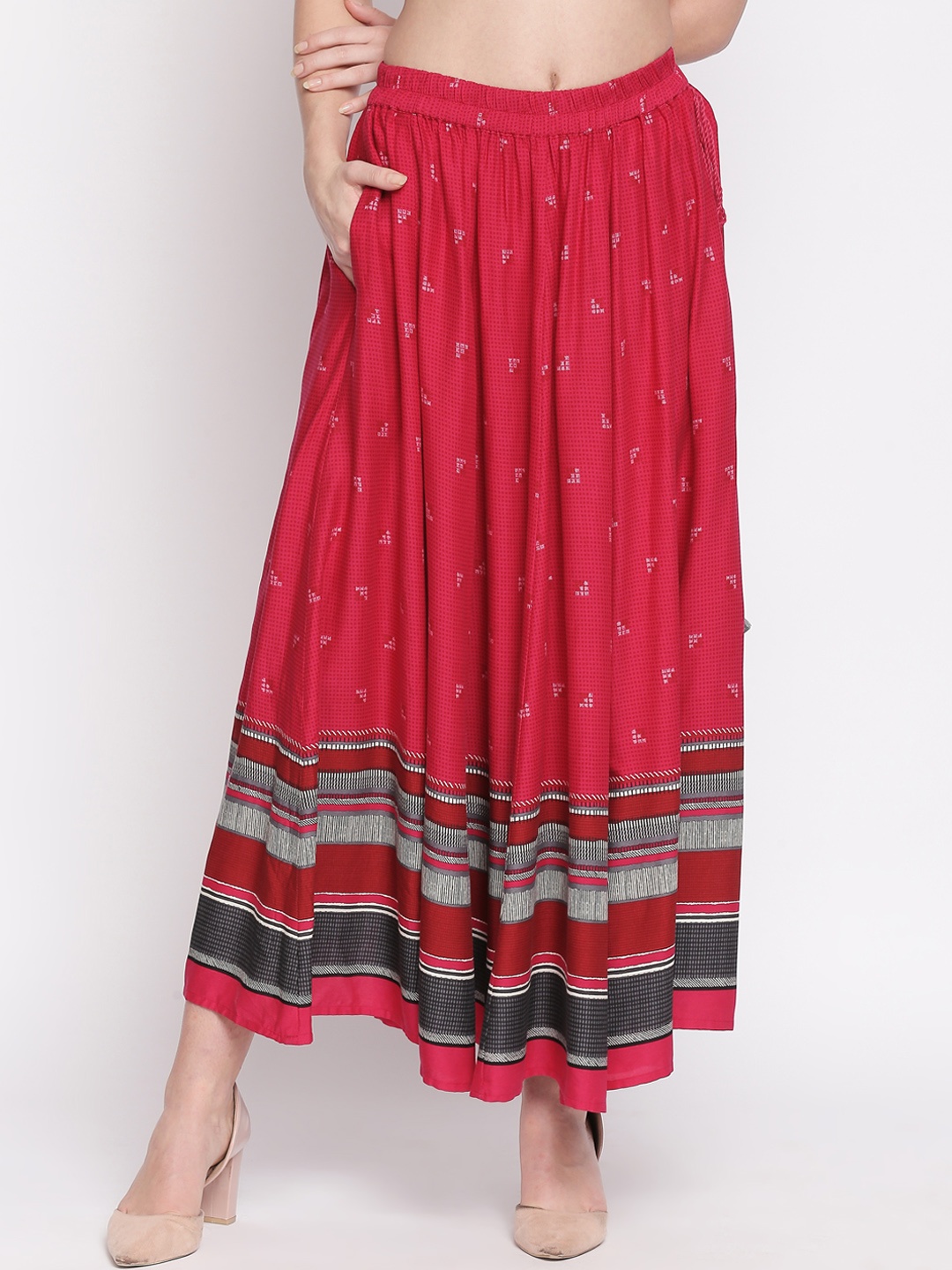 

AKKRITI BY PANTALOONS Women Pink & Grey Printed Flared Maxi Skirt