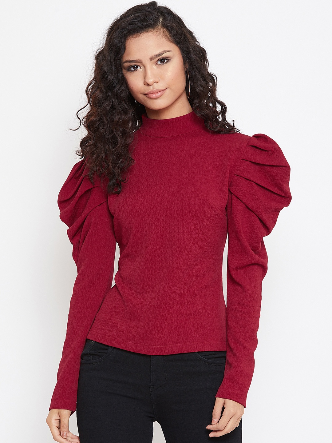 

Zastraa High Neck Puff Sleeves Top, Maroon