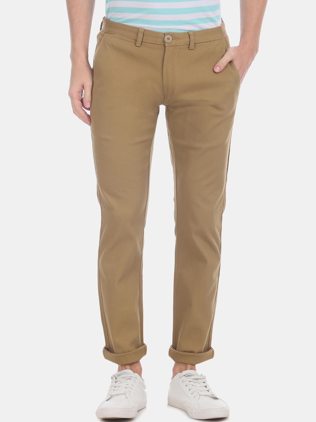 

Ruggers Men Khaki Brown Tapered Fit Solid Regular Trousers
