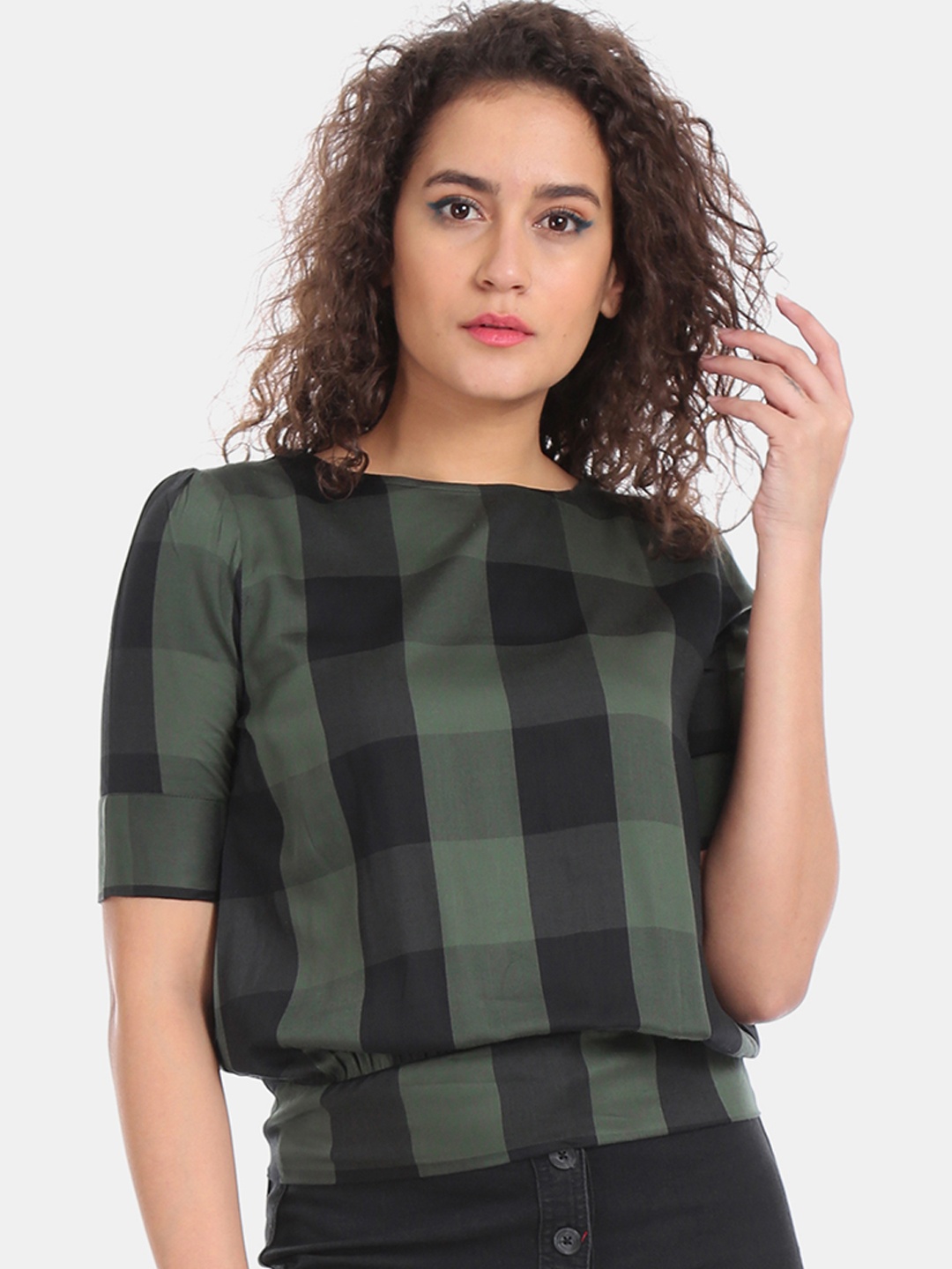 

Cherokee Women Green & Black Checked Blouson Top