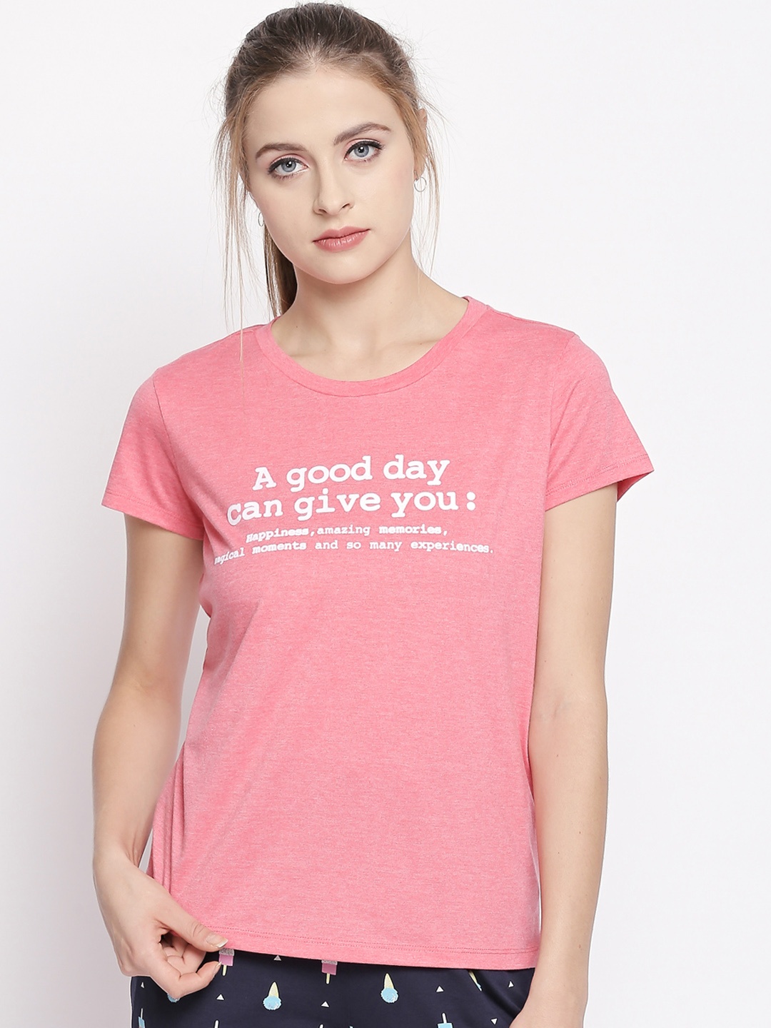 

Dreamz by Pantaloons Women Pink Printed Pure Cotton Lounge tshirt