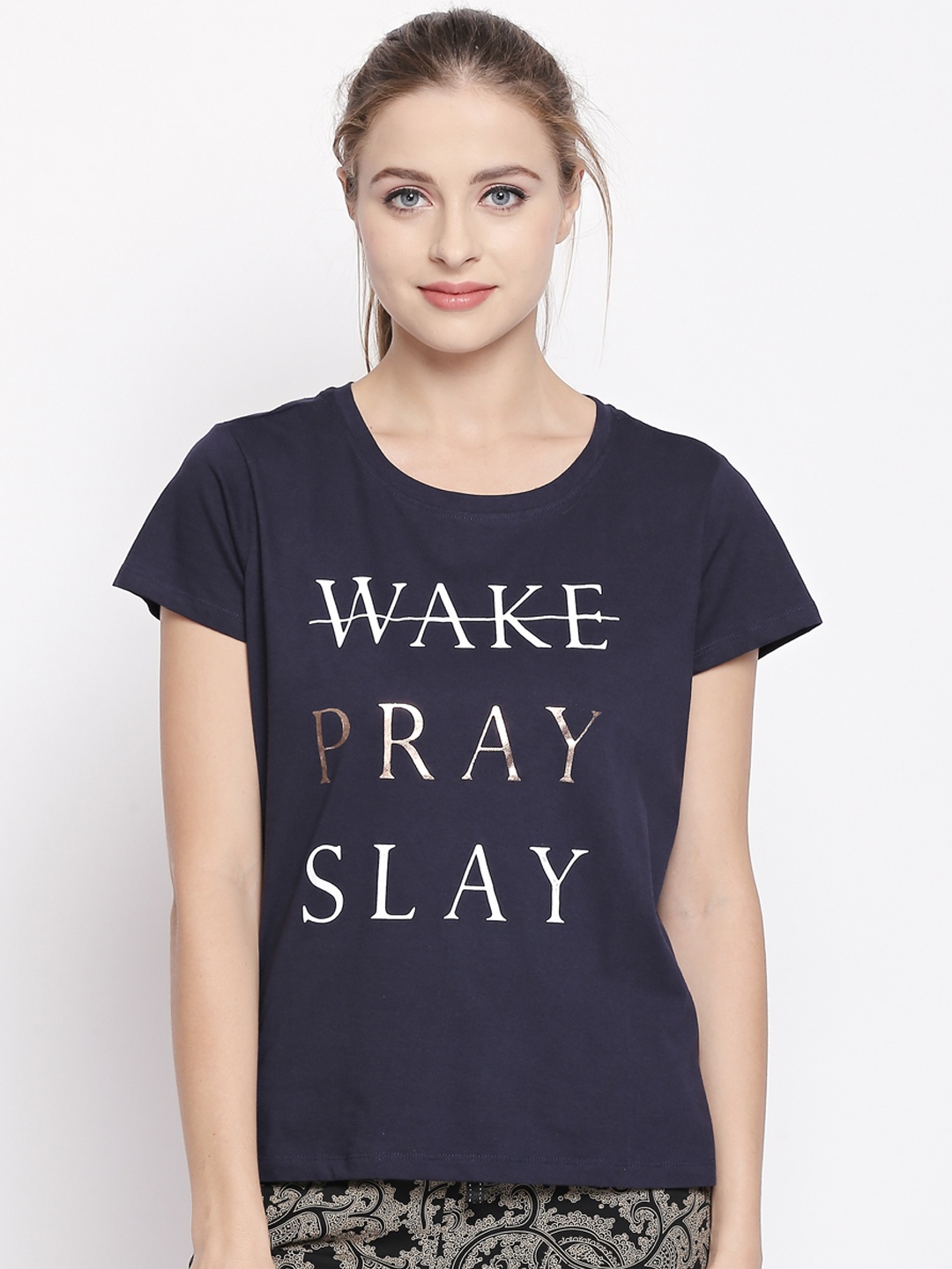 

Dreamz by Pantaloons Women Navy Blue Printed Pure Cotton Lounge tshirt