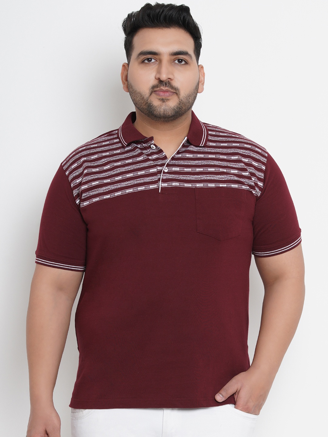 

John Pride Plus Size Men Maroon Striped Polo Collar T-shirt