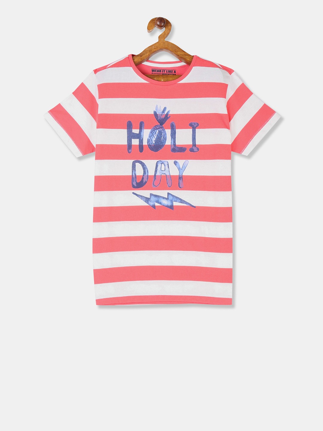 

Flying Machine Boys Pink Striped Round Neck Pure Cotton T-shirt