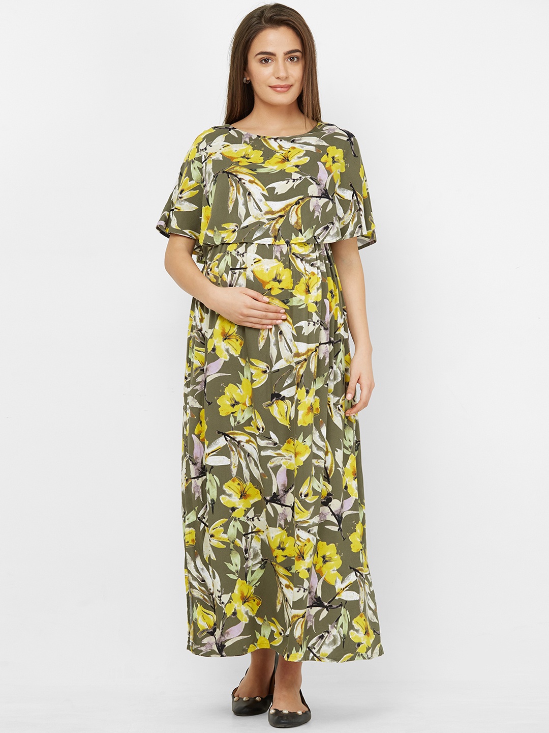 

Mystere Paris Women Olive Green & Yellow Printed Maternity Maxi Dress