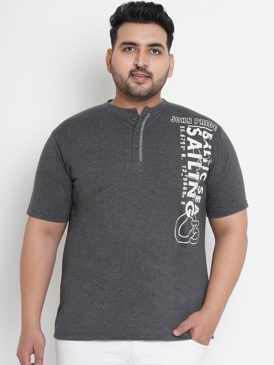 

John Pride Plus Size Men Grey Printed Mandarin Collar T-shirt