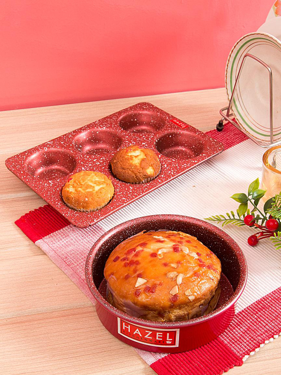 

HAZEL Red Aluminium Granite Finish Non-Stick Microwave Safe Small Mould With Muffin Tray, Maroon