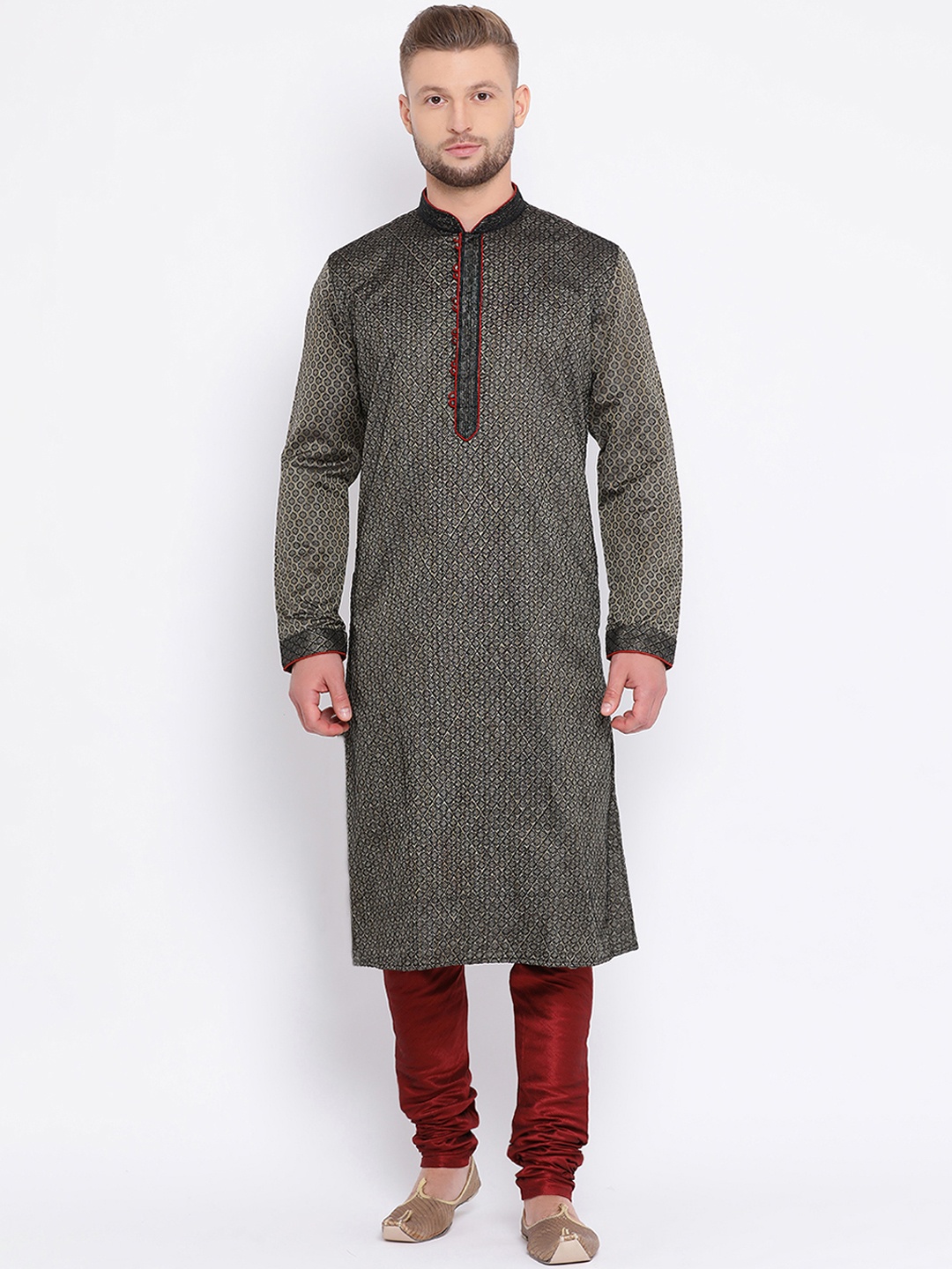 Sanwara Men Black & Beige Woven Design Straight Kurta