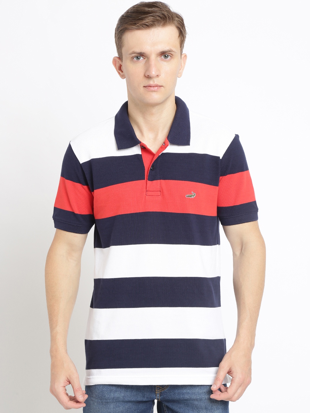 

Crocodile Men Navy Blue & White Striped Polo Collar T-shirt