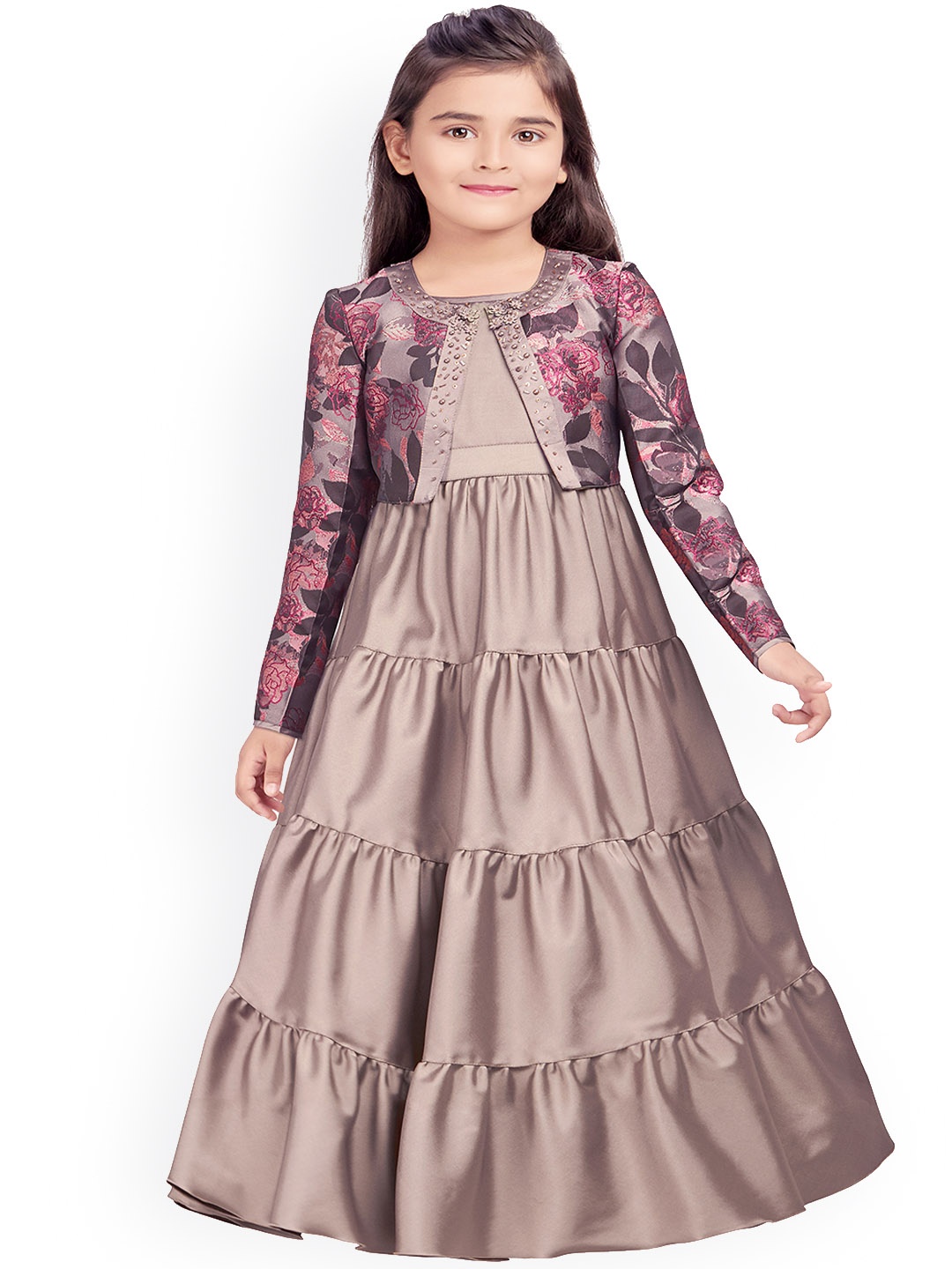 

Tiny Baby Girls Printed Maxi Dress with Floral Jacket, Brown