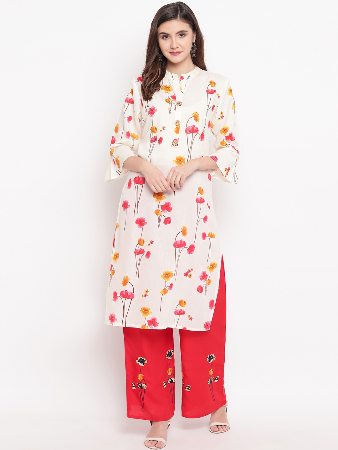 

Kvsfab Women Off-White & Red Printed Kurta with Palazzos