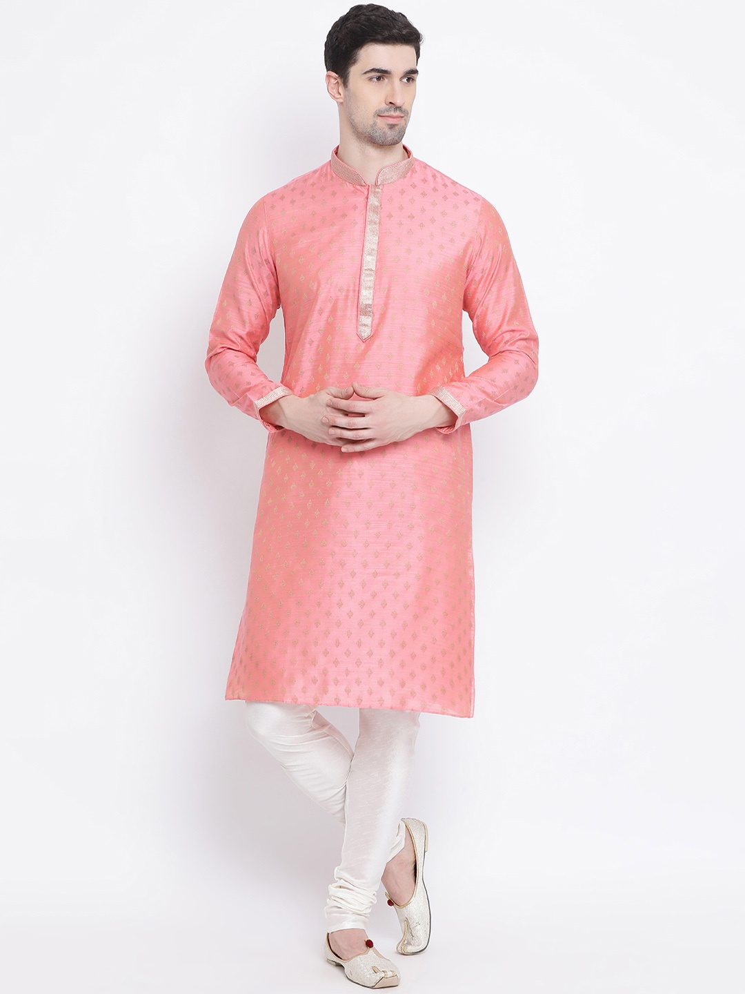 

Sanwara Men Pink & Gold-Coloured Woven Design Straight Jacquard Kurta