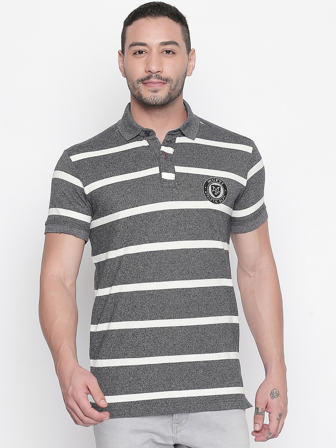 

Mufti Men Grey & White Slim Fit Striped Polo Collar T-shirt