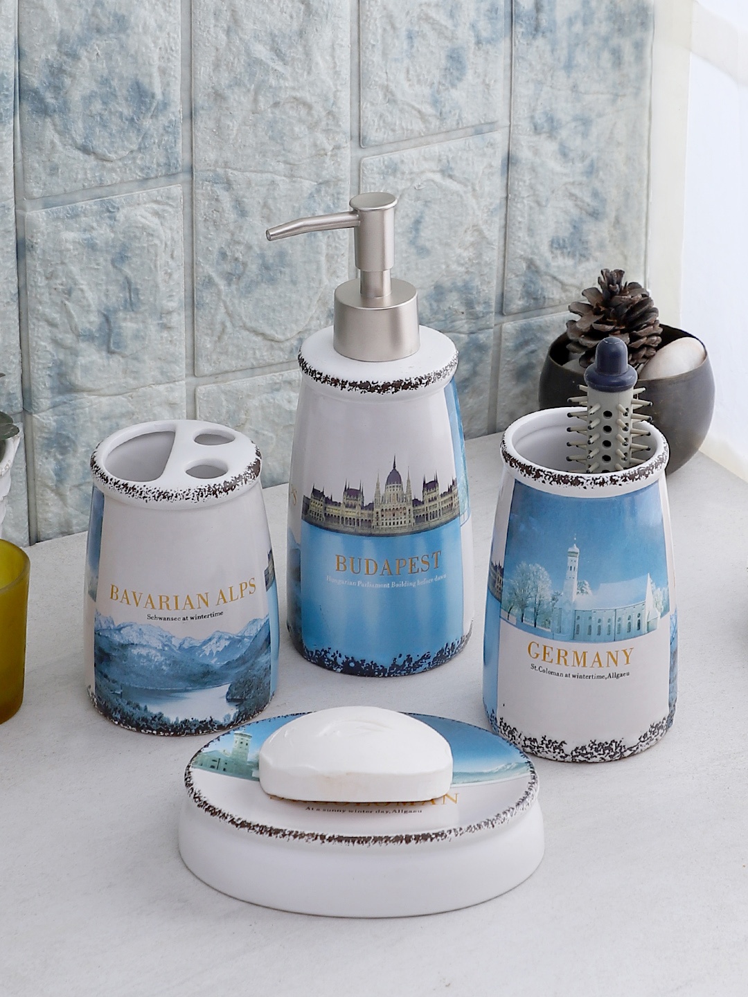 

Cortina Set Of 4 White & Blue Printed Resin Bathroom Accessories