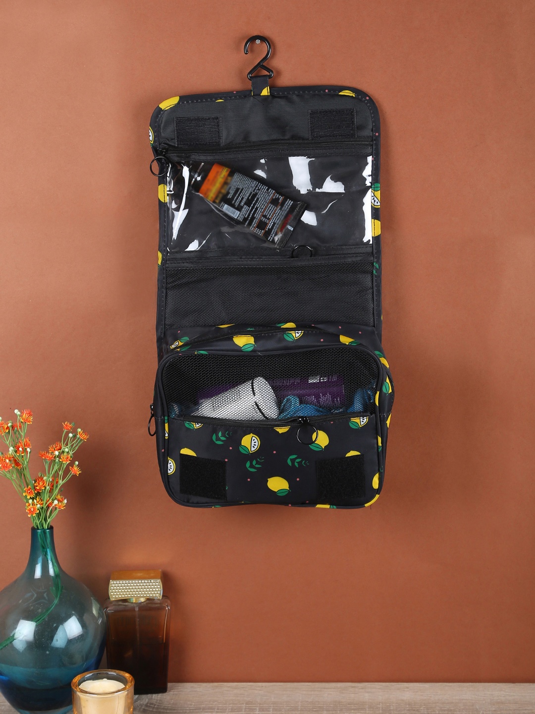 

Cortina Unisex Black & Yellow Printed Multi-Utility Fabric Water-Resistant Make-Up Bag