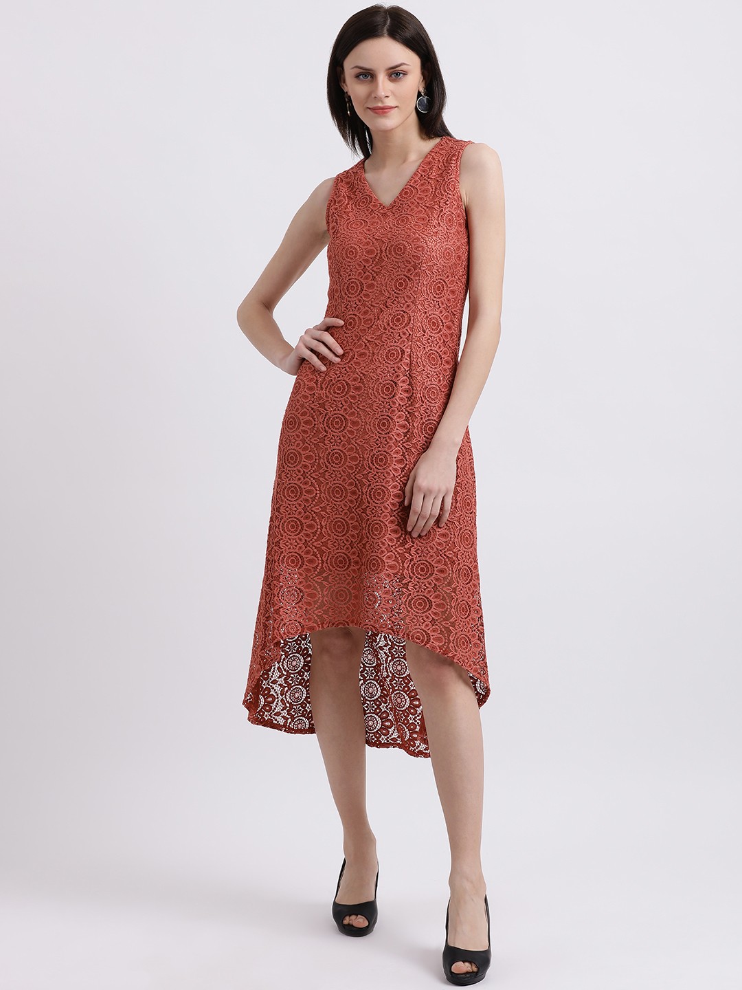 

Zink London Women Rust Red Self Design A-Line Dress