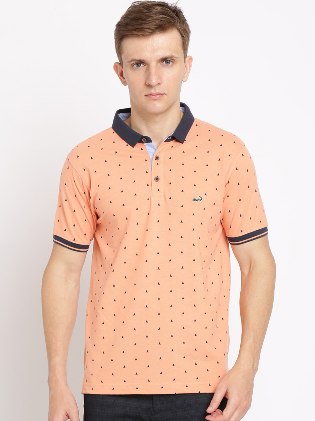 

Crocodile Men Peach-Coloured & Black Printed Polo Collar T-shirt