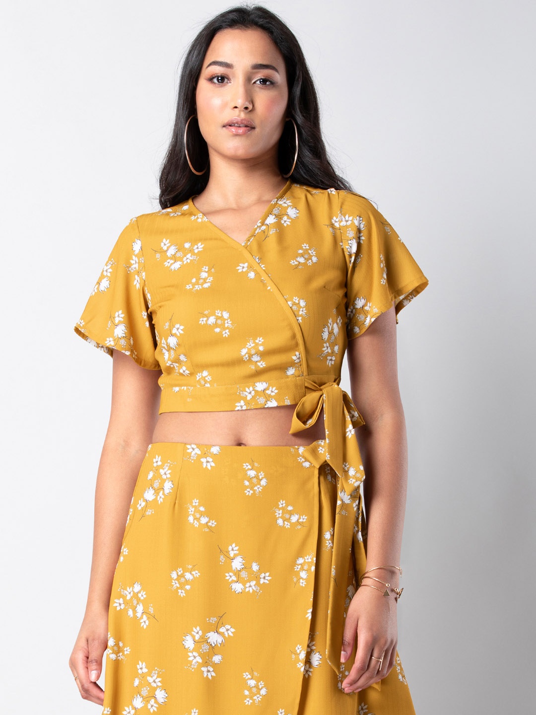

FabAlley Women Yellow & WhitePrinted Wrap Crop Top